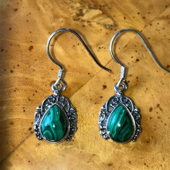 Natural African Malachite Sterling Silver Earrings - Picture 1 of 8
